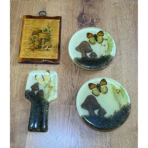 Vtg Acrylic Resin Lucite Trivet Set (2) + Spoon Rest + Wooden Mushroom Wall Art